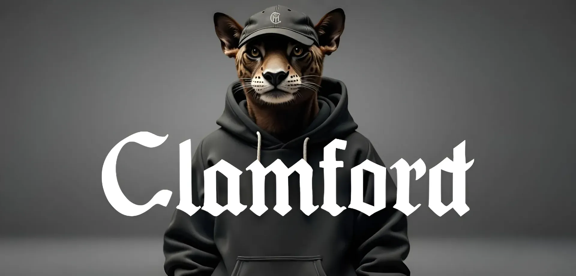 Pantera con hoodie y gorra negras junto al logo de Clamford